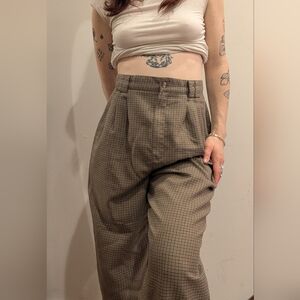 Brown Checkered High-Waisted Pants